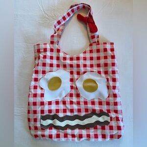 Pink Red and White Gingham Bacon And Eggs Smiley Face Cotton Tote Bag
